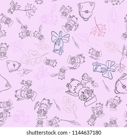 vector, outline sketch seamless pattern, illustration on school theme, bird owl holding a variety of school subjects for learning, test tube, briefcase for textbooks, maple leaves and oak