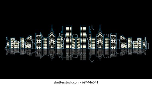 vector outline skyline/ abstract cityscape illustration, neon lights