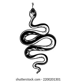 Vector outline snake. Magic symbol. Serpent art in trendy style. Wicca moon goddess symbol. Vector illustration. Tattoo, astrology, alchemy, boho and magic symbol. Coloring book.