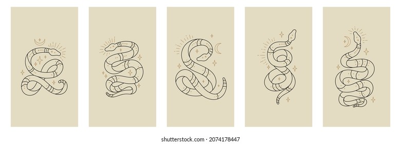 Vector outline snakes set of mystical magic objects- moon and stars. Celestial magic line serpents in trendy style. Spiritual occultism symbols, esoteric objects.