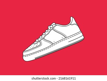 Vector outline sneakers illustration isolated on red background. White trainers silhouette. Modern linear sneaker icon. Urban retro style footwear symbol. Casual woman shoe sign. Street fashion