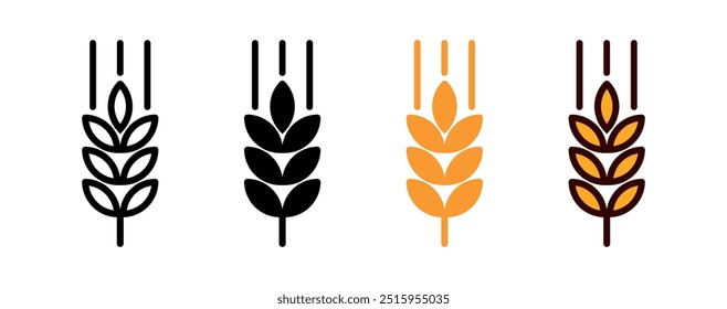 Vector Outline and Solid Farm Wheat Ears Icon Set. Whole Grain Symbol Illustration for Organic Eco Business, Farming, Beer, Bakery. Gluten Free Logo.