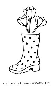 Vektor Umriss Frühlingstuppenblumen in Gummi Regenstiefel. Cute saisonale Frühlingsblumengrafik. Schuhe als Vase. Handgezeichnetes Design-Element, Clipkunst im Doodle-Stil, einzeln.