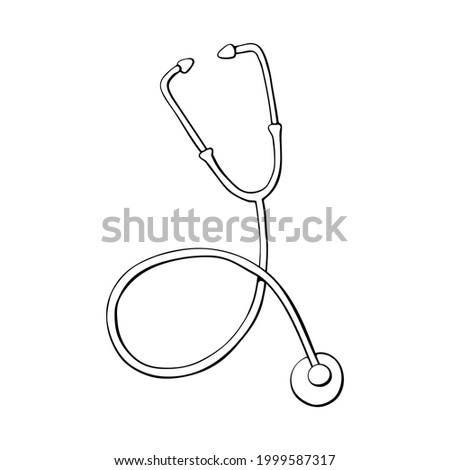 Vector outline stethoscope in doodle style. Medical design element, clipart. Theme of medicine, pandemic, health care, treatment