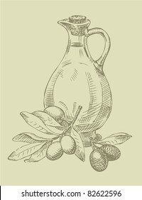 Vector outline. Still life of olive oil in a glass jar and sprigs of fresh olives