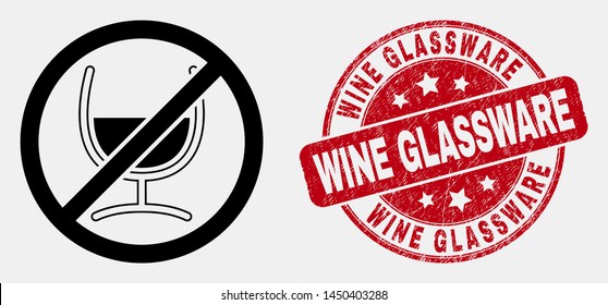 Vector outline stop wine glass pictogram and Wine Glassware seal stamp. Blue round textured seal stamp with Wine Glassware message. Black isolated stop wine glass pictogram in outline style.