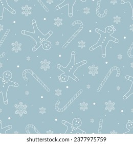 Vector Outline Style Christmas Ginger Bread Cookies Candy Canes and Snow Flakes Seamless Pattern Christmas sweets and decorations texture Can be used as card background or banner design template