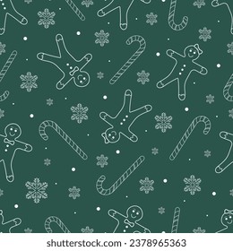 Vector Outline Style Christmas Ginger Bread Cookies Candy Canes and Snow Flakes Seamless Pattern Christmas sweets and decorations texture Can be used as card background or banner design template