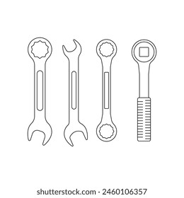 Vector outline style of deference type of wrench mechanic tools white background, mechanic tool and repairing hardware, copy space for text or design white background