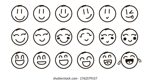 Vector outline style happy emoji icons set. Web logo. For digital design, banners, postcards, prints, decor. Isolated and hand drawn cartoon illustration. Modern premium quality symbols and sign.