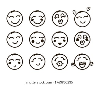 Vector outline style happy female emoji icons set. Web logo collection. For digital design, banners, postcards, prints, decor. Isolated and hand drawn cartoon illustration. Modern symbols and sign.