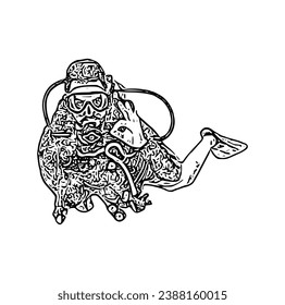 Vector outline style icon illustration of scuba diver isolated on white background