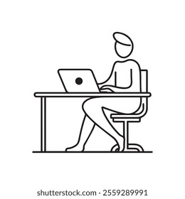 A vector outline style icon a man working on desk with a laptop. a minimalist workspace, ideal for co-working themes concepts