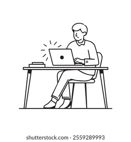 A vector outline style icon a man working on desk with a laptop. a minimalist workspace, ideal for co-working themes concepts