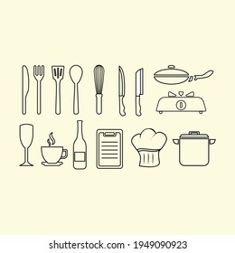 
VECTOR OUTLINE STYLE KITCHEN EQUIPMENT. FOR MENU AND SYMBOLS ON DESIGN