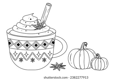 Vector Outline Style Pumpkin Flavored Coffee Mug, Cinnamon Stick, Vanilla Decorative Mug with Autumn Decorations Set. Outline Pumpkins with hot drink mug Autumn design isolated on white background