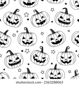 Vector Outline Style Scary Smiling Halloween pumpkins Seamless Pattern with stars in Black and White Style pumpkin line repeatable and printable texture Happy Halloween Trick or Treat Wallpaper Design