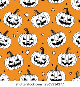 Vector Outline Style Scary Smiling Halloween pumpkins Seamless Pattern with stars on Pumpkin Orange Color Backdrop pumpkin repeatable and printable texture Happy Halloween Trick or Treat Wallpaper.