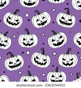 Vector Outline Style Scary Smiling Halloween pumpkins Seamless Pattern with stars on Purple Color Backdrop emotional pumpkins repeatable and printable texture Happy Halloween Trick or Treat Wallpaper.