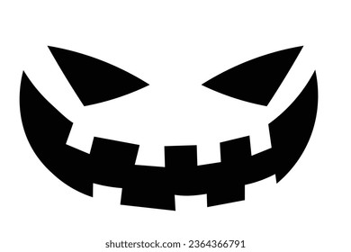 Vector Outline Style Scary Smiling Halloween pumpkin Face Expression Isolated on white Black and White  eyes and teeth illustration of a creepy  face expression Happy Halloween Trick or Treat 