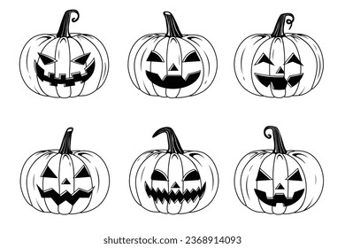 Vector Outline Style Scary Smiling Halloween Pumpkins Set Isolated on white background Black and White  pumpkin line illustration with creepy  face expressions Happy Halloween Trick or Treat. 