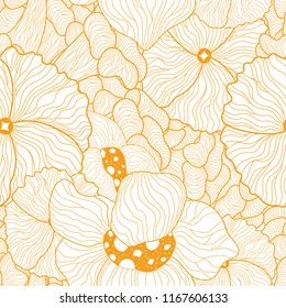 Vector outline stylised flowers seamless pattern in shades of light orange. Pattern can be used for wallpaper, pattern fills, web page background, surface textures