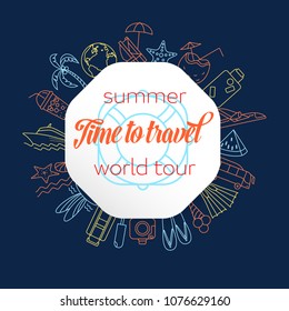Vector Outline Summer Vacation Design for Travel. Summer time poster with sun, palm tree, deckchair, lifebuoy, starfish, cocktail, baggage, airplane and other symbols of tourism. Editable stroke.