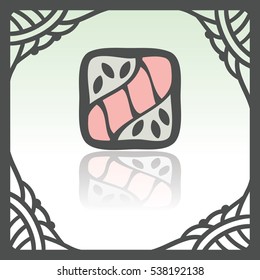 Vector outline sushi rice roll with raw fish japan food icon in hand drawn frame. Elements for mobile concepts and web apps. Modern infographic logo and pictogram.