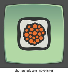 Vector outline sushi rice roll with raw caviar japan food icon on green flat square plate. Elements for mobile concepts and web apps. Modern infographic logo and pictogram.