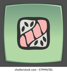 Vector outline sushi rice roll with raw fish japan food icon on green flat square plate. Elements for mobile concepts and web apps. Modern infographic logo and pictogram.