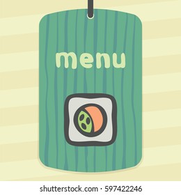 Vector outline sushi rice roll with raw fish and wasabi japan food icon on label with hand drawn striped background. Elements for mobile concepts and web apps. Modern infographic logo and pictogram.