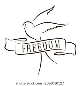 Vector outline of swallow with lettering. Swallow style tattoo with banner. Sailor sticker. Freedom tattoo. Traditional vector tattoo