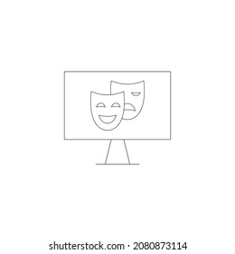 Vector outline symbol suitable for internet pages, sites, stores, shops, social networks. Editable stroke. Line icon of happy and sorrow on masks on monitor of modern computer 