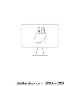 Vector outline symbol suitable for internet pages, sites, stores, shops, social networks. Editable stroke. Line icon of pencil and paintbrush over head on monitor of modern computer

