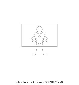 Vector outline symbol suitable for internet pages, sites, stores, shops, social networks. Editable stroke. Line icon of faceless user avatar over stars on monitor of modern computer 