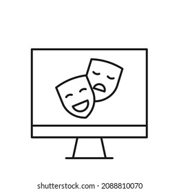 Vector outline symbol suitable for internet pages, sites, stores, shops, social networks. Editable stroke. Line icon of  theatrical masks on screen of modern computer 