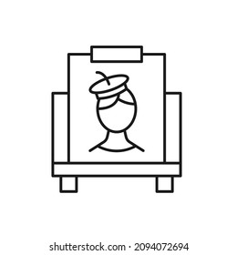 Vector outline symbol suitable for internet pages, sites, stores, shops, social networks. Editable stroke. Line icon of artist in beret on canvas 