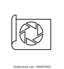 Vector outline symbol suitable for internet pages, sites, stores, shops, social networks. Editable stroke. Line icon of lens blade on paper sheet 
