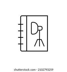 Vector outline symbol suitable for internet pages, sites, stores, shops, social networks. Editable stroke. Line icon of studio light on cover of book or magazine  