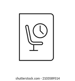 Vector outline symbol suitable for internet pages, sites, stores, shops, social networks. Editable stroke. Line icon of passengers seat and clock on cover of book or magazine 
