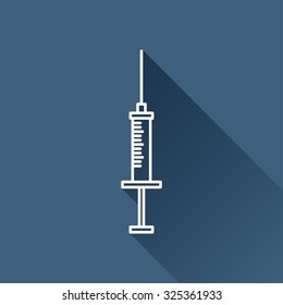 Vector outline syringe icon on dark blue background with long shadow 