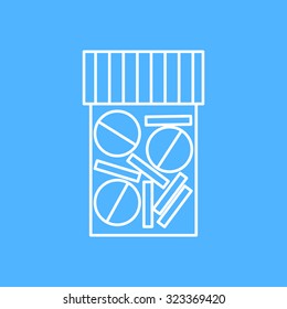 Vector outline tablet bottle on color background . Health icon 