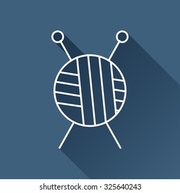 Vector outline tailor ravel ball of yarn for knitting icon on dark blue background with long shadow 