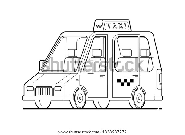 vector outline Taxi\
car with The Checkers or Top Light Box on the roof. Linear drawing\
of a taxi car. Cartoon car for coloring book. Modern flat vector\
illustration isolated.