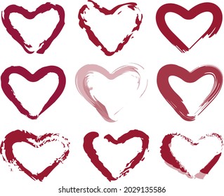 Dibujos de pincel texturado de contorno vectorial de varias formas de corazón rojo abstracto decorativo