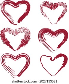 Dibujos texturados de contorno vectorial de la forma decorativa del corazón rojo abstracto