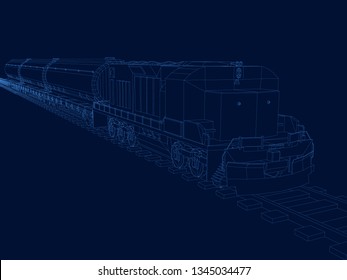 Vector outline of the train with the Wagons. Contour train with wagons of blue lines on a dark background. Isometric view. 3D. Vector illustration