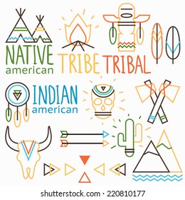 Vector outline tribal labels set, native indian american symbols: human and animal skull, arrow, feather,  bonfire, cactus, wigwam, dreamcatcher, tomahawk, mountain 