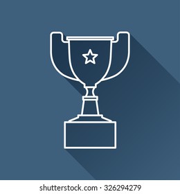 Vector outline trophy goblet icon on dark blue background with long shadow . Winner award 