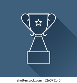 Vector outline trophy goblet icon on dark blue background with long shadow . Winner award 